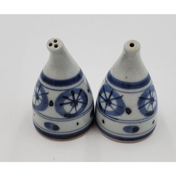 Vintage Salt & Pepper Shaker Set Blue & Grey Geometric - Picture 2 of 7